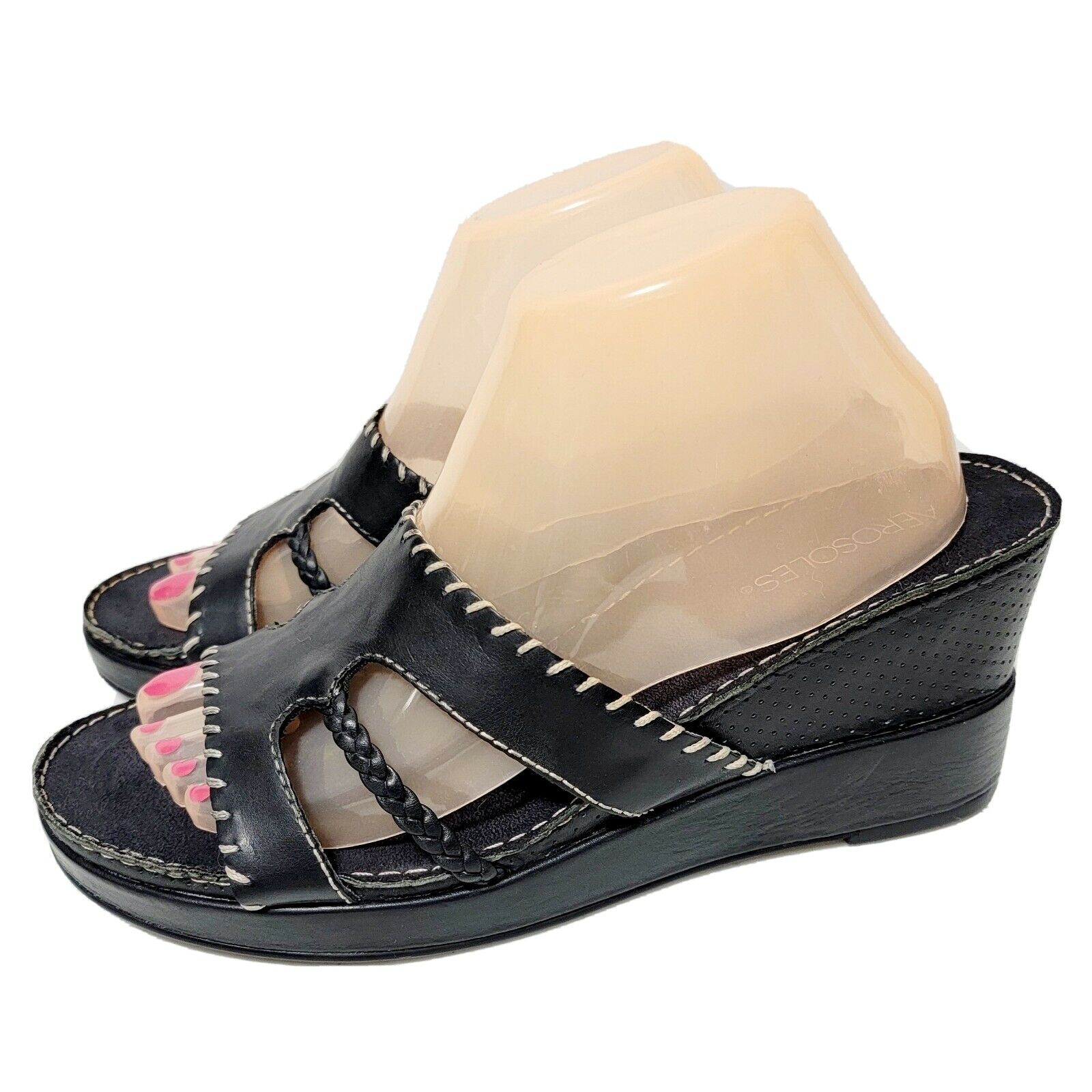 Aerosoles Womens 9.5M Wedge Sandals Slides Slip On Black Leather Shoes