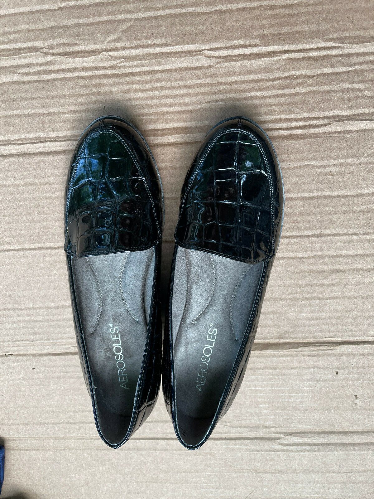 AEROSOLES Women's TRUE MATCH Black Cocro Skin Slip On Wedge Loafers Shoes Sz 7M