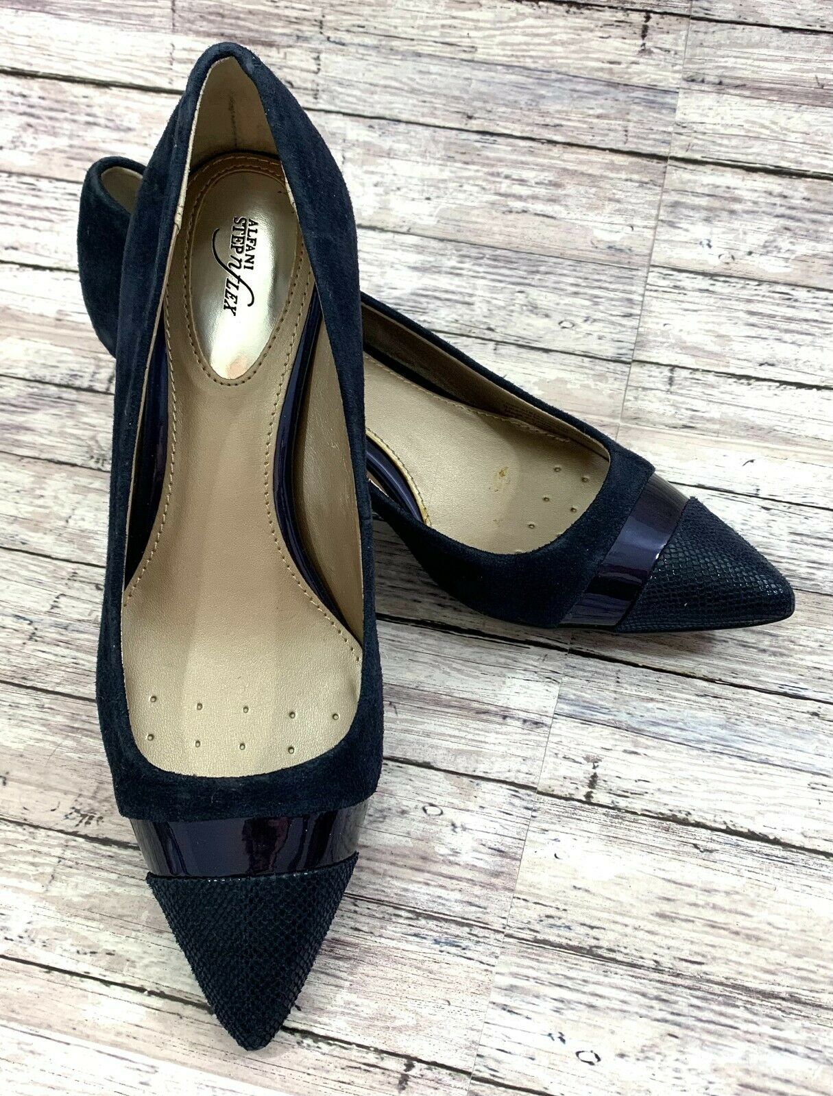 ALFANI Women's Pumps Dress Shoes Sz 6.5M Navy Blue Suede Kitten Heel Step n Flex