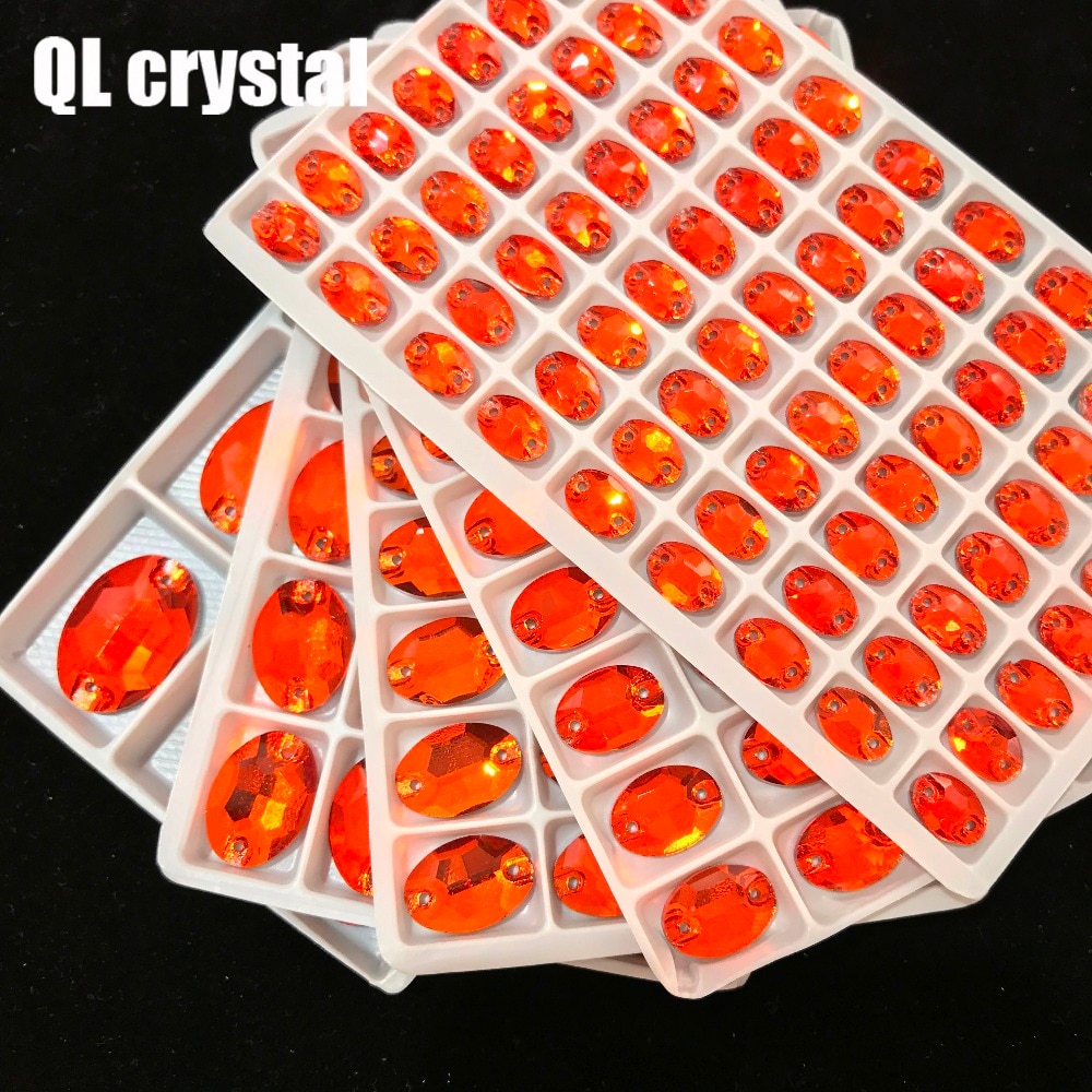 ALL Size Orange Red Oval Sew On Crystal Rhinestones Flatback with 2 holes for Making wedding dress bags shoes accessories