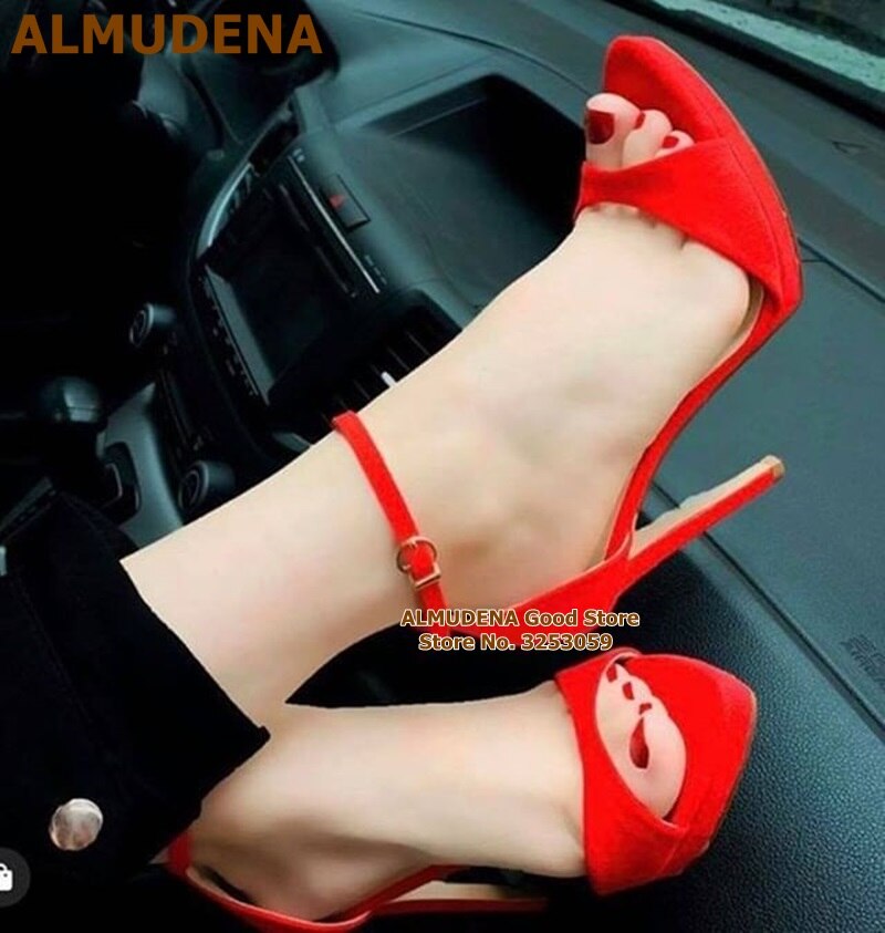 ALMUDENA Red Suede High Heel Sandals Ankle Buckle Strap Concise Summer Dress Shoes Young Girls Nightclub Pumps Size47