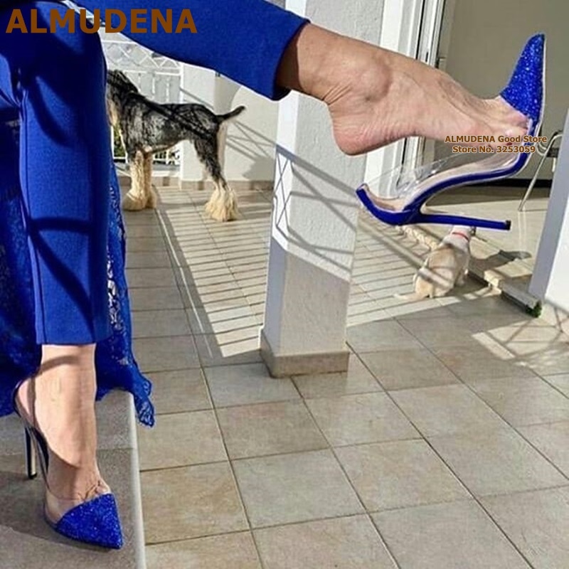 ALMUDENA Royal Blue Bling Bling Grete Pointed Toe High Heels Clear PVC Patchwork Wedding Shoes Stiletto Heels Glittering Pumps
