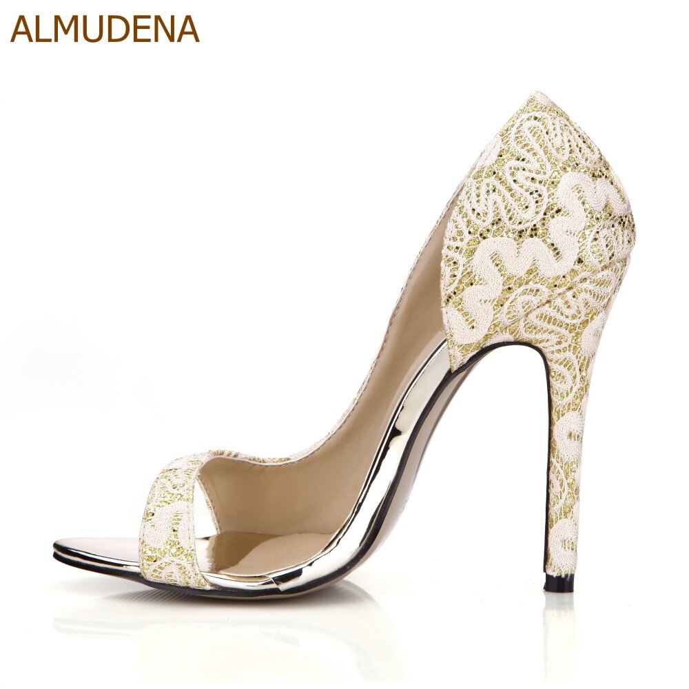 ALMUDENA Young Girls Graceful Lace Flowers Thin High Heel Shoes Floral Pumps Special Irregular Cut Wedding Shoes Dropship