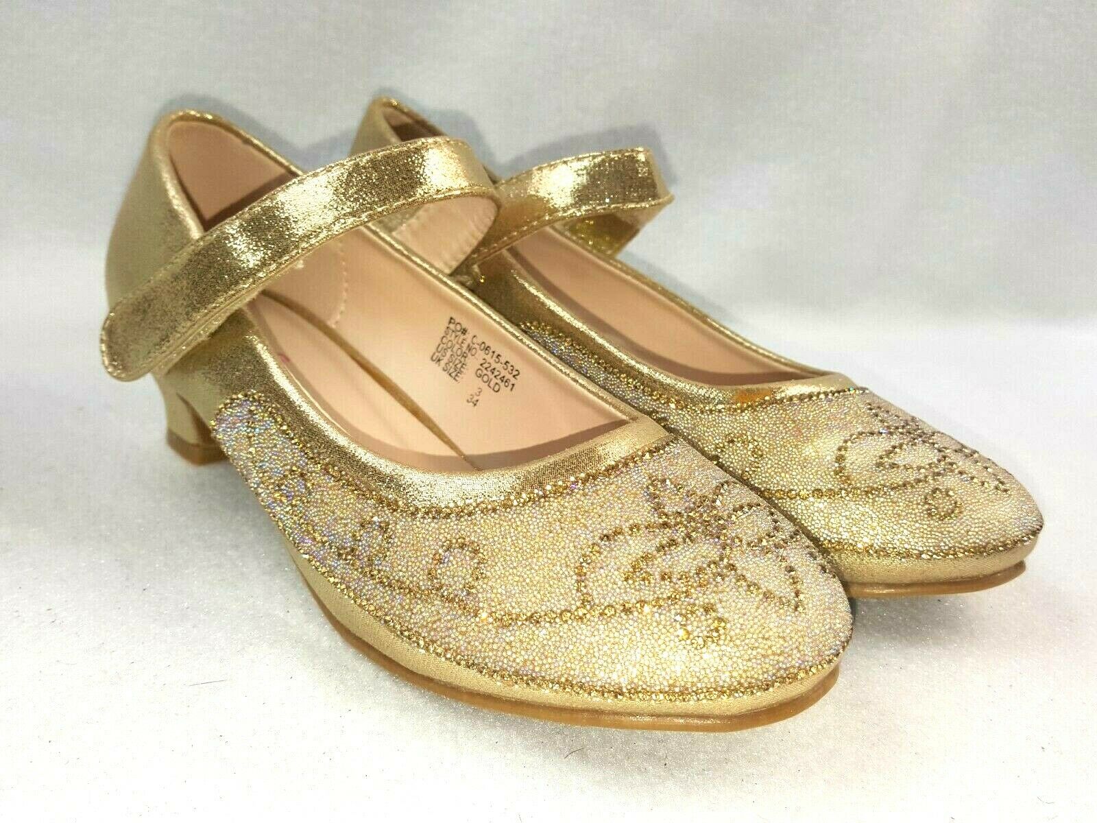 Angels New York Shoes Kids Girls Size 3 Gold Rhinestone Dress Mary Jane