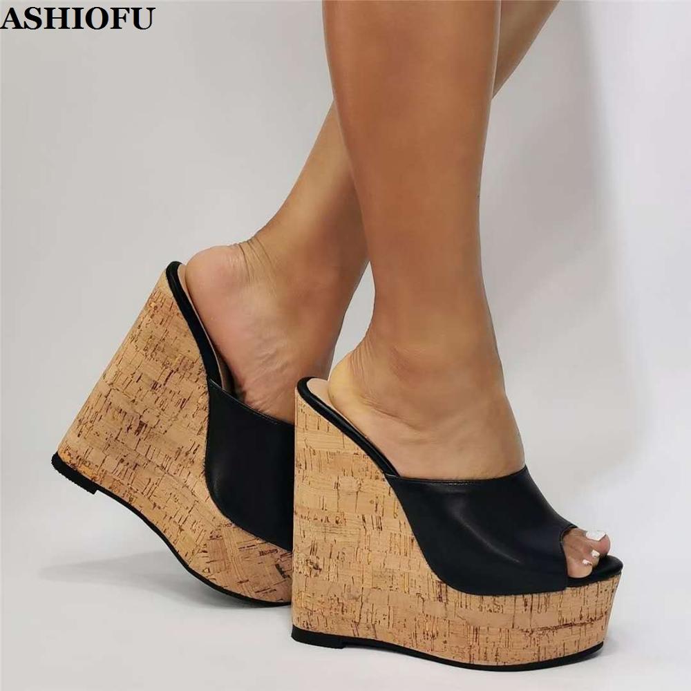 ASHIOFU 2020 New Hot-style Women's Wedge Heel Slippers Easy-wear Sexy Party Prom Dress Shoes Evening Club Fashion Slipper Shoes