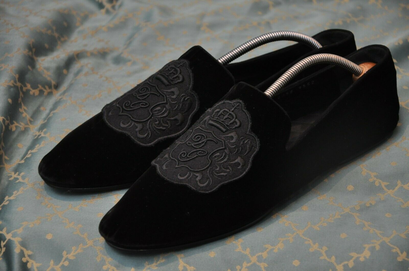 AUTH Dolce & Gabbana mens Black loafer Velvet slippers Crown shoes size 44.5