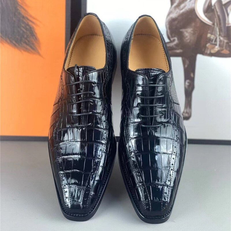 Authentic Exotic Crocodile Skin Square Toe Designer Men's Formal Dress Shoes Genuine Alligator Leather Male Lace-up Oxford Shoes