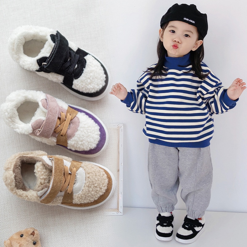 Autumn and Winter New Fleece Warm Kids Shoes Velcro Korean Children's Shoes Soft Bottom Casual Boys and Girls Shoes Sneakers