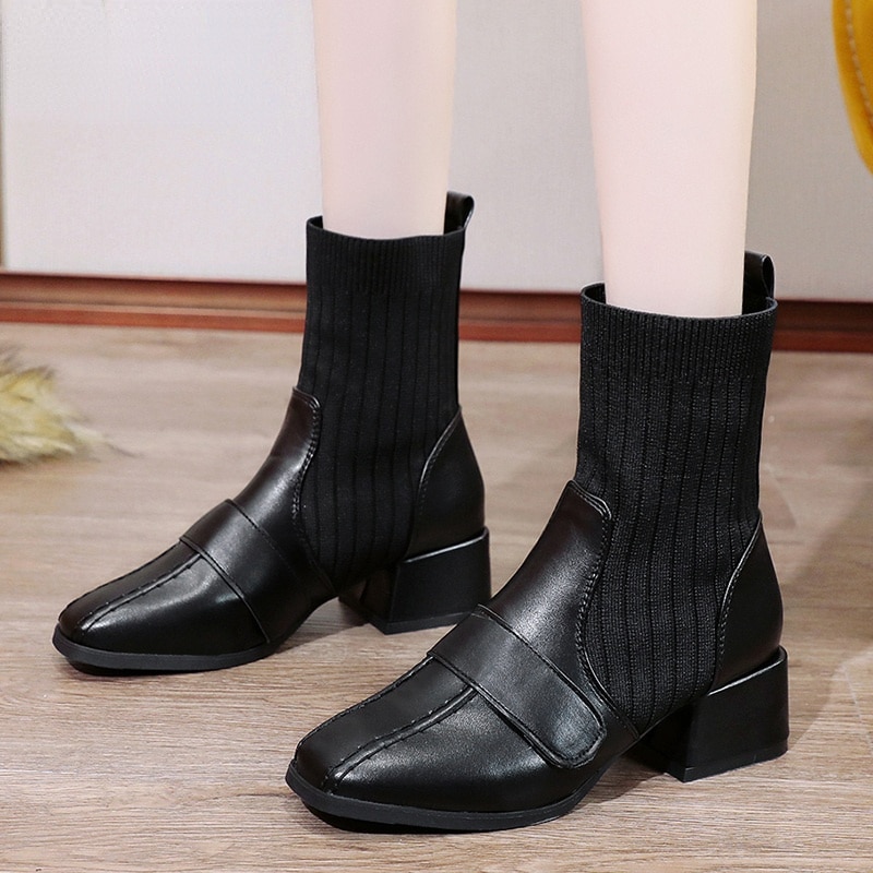 Autumn New Dress British Shoes Knitted Sock Booties Low Heel Vintage Ankle Boots for Women 2021 Boots for Women