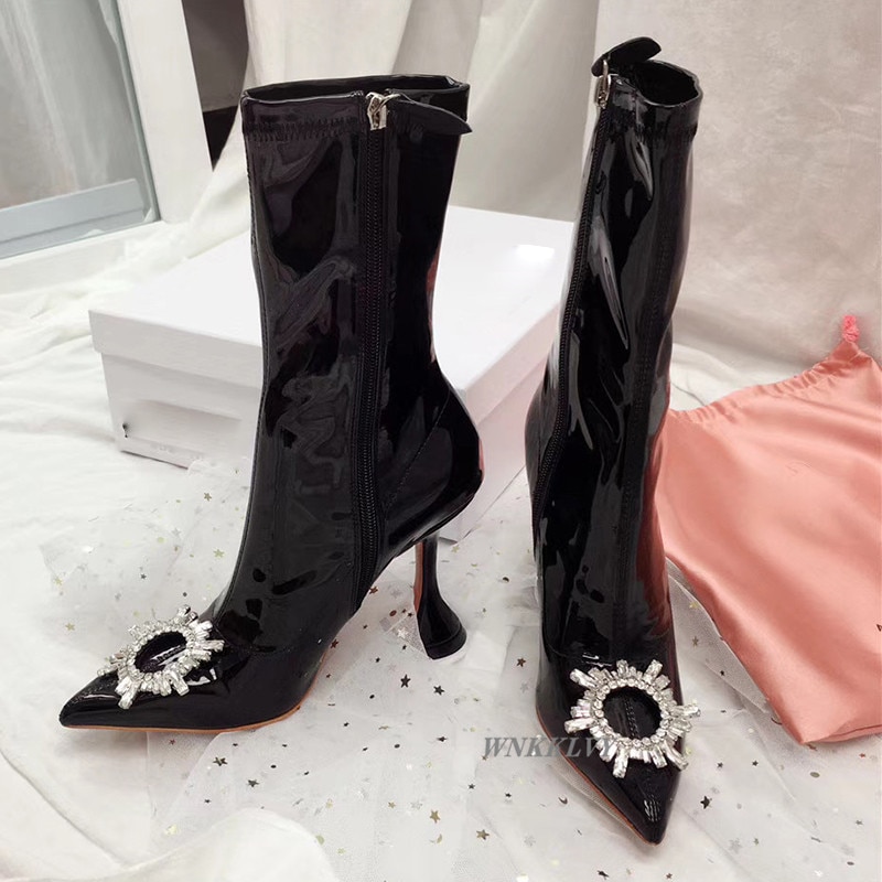 Autumn Winter stretch short boots women pointed toe sunflower crystal decor cup high heels boots 2020 Formal Party Evening Shoes