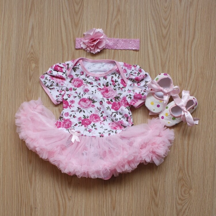 Baby Girl Cute 3 Pcs Rose Flower Infant Romper Lace Tutu Dress Set with Headband and Shoes Newborn Jumpsuit Outfits