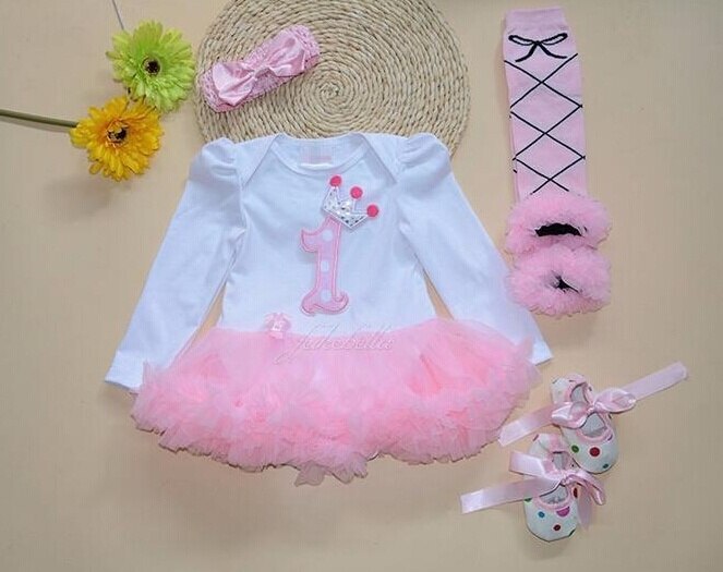Baby Girl Romper Pink Tutu Dress Set with Headband Leggings and Shoes Baby 4PCS Suits Infant Outfits