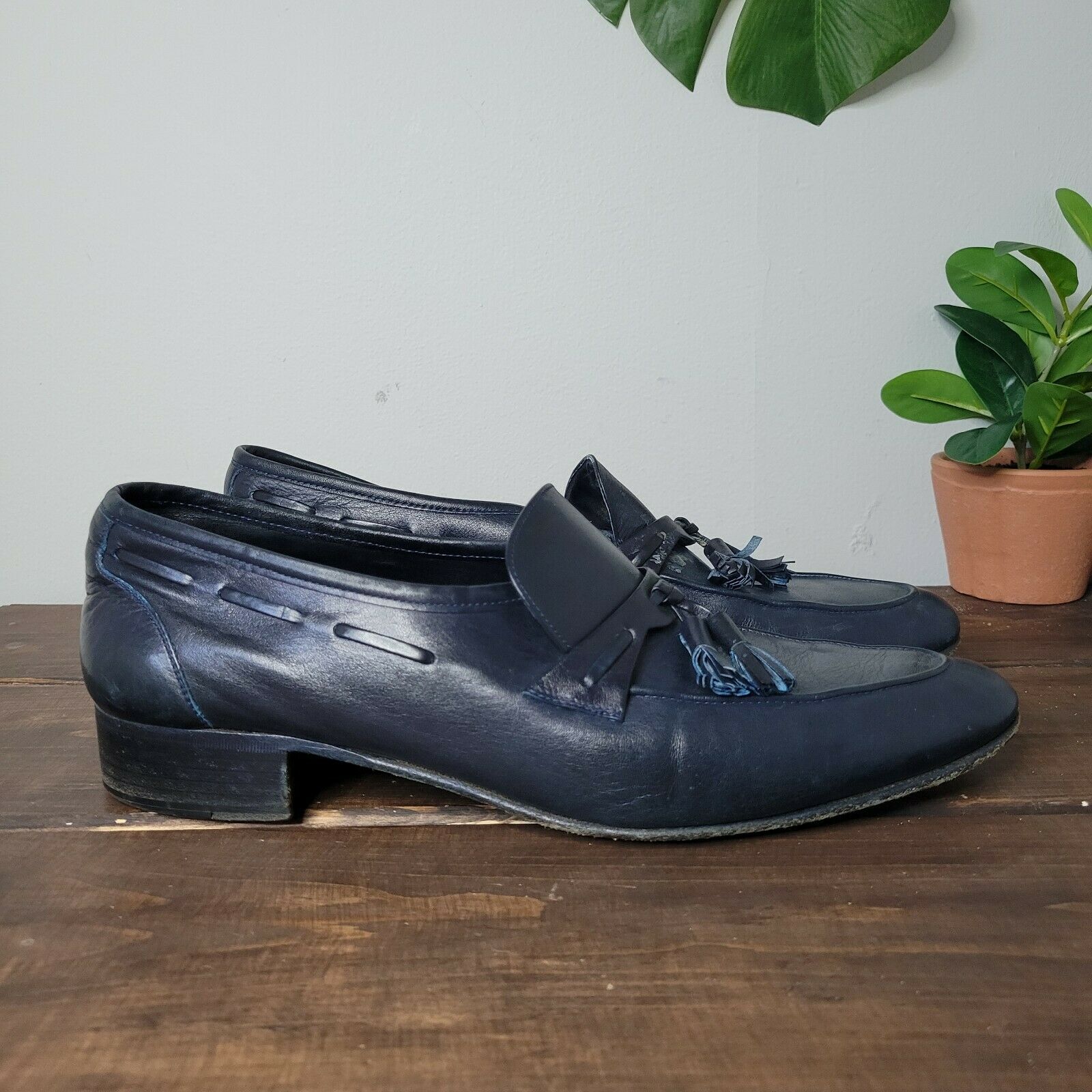 Bally Dress Shoes Tassles Leather Oxfords Navy Blue Mens Sz 10.5 M