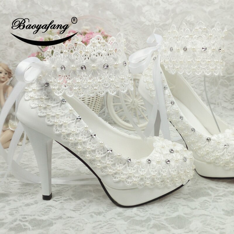 BaoYaFang New Arrival High heel platform shoes White Flower Womens wedding shoes ankle strap with Belt