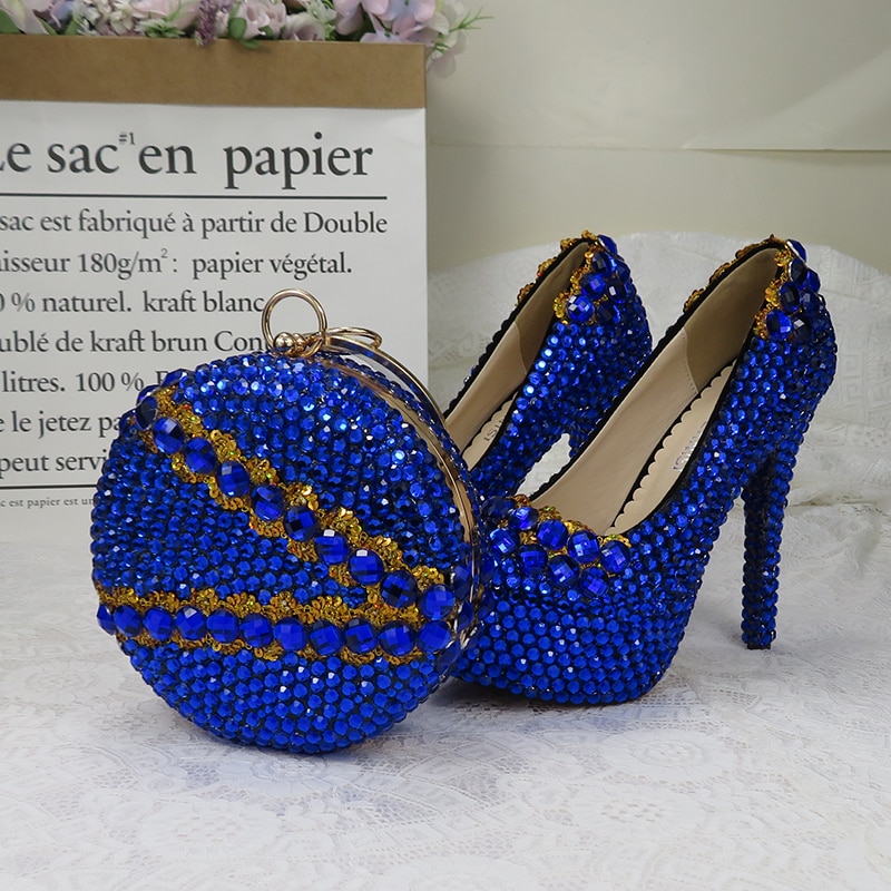BaoYaFang Royal Blue crystal Womens Wedding shoes with matching bags high heels platform shoes and purse woman High shoes