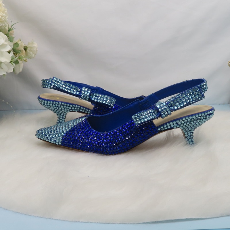 BaoYaFang Summer New Royal Blue Crystal Party Sandals wedding Bridal shoes woman Pointed toe Strange Heel Sandals Mix Rhinestone