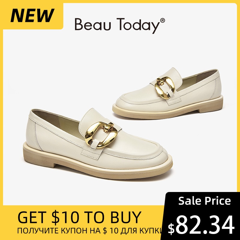 BeauToday Loafers Women Calfskin Leather Metal Buckle Round Toe Casual Ladies Slip-On Flat Dress Shoes Handmade 26033