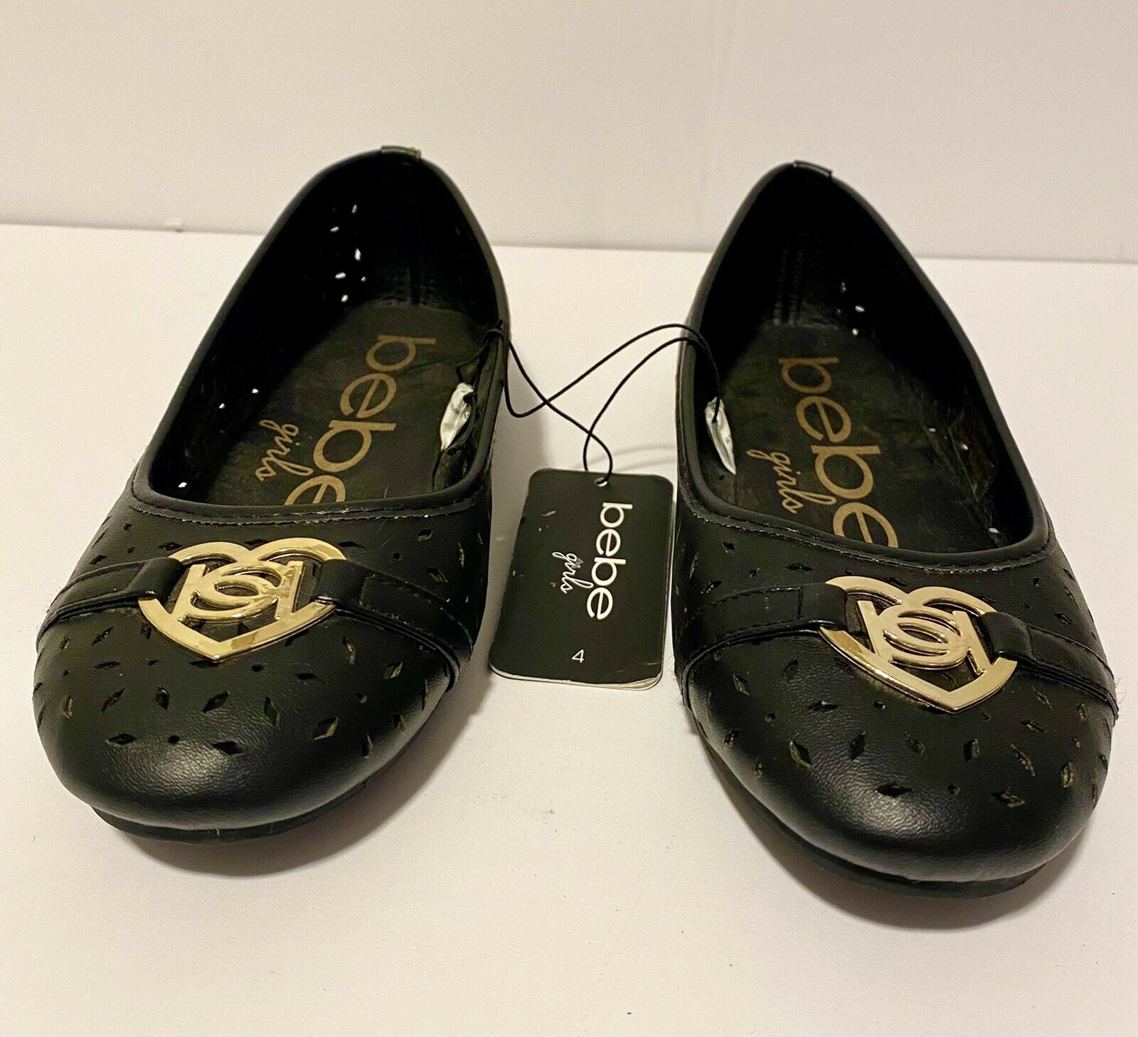 Bebe Girls Dress Shoes Flats Black & Gold Size 4 New With Tags