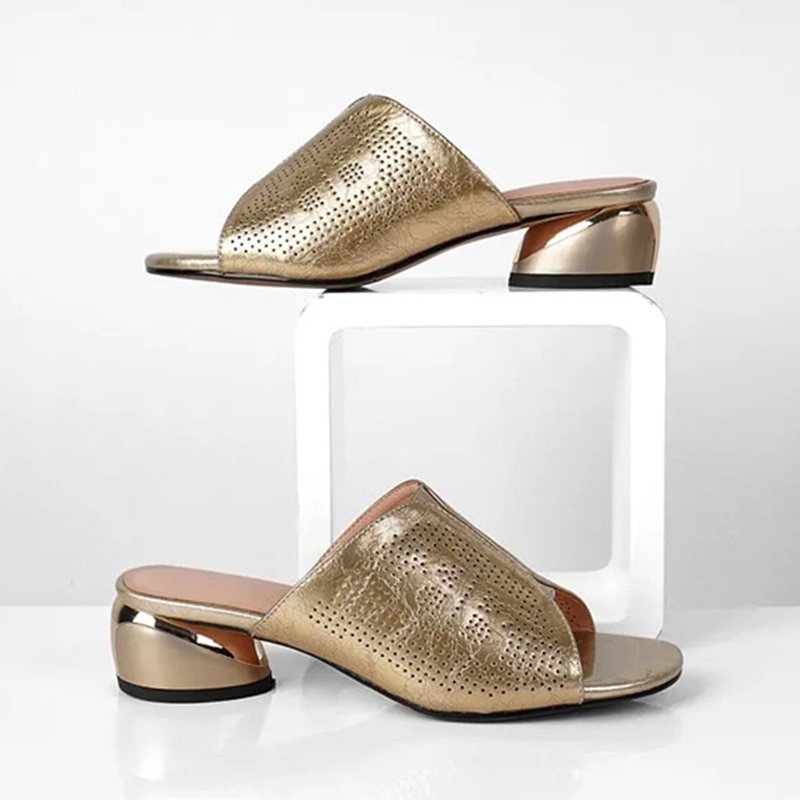 Big Size 42 Open Toe Gold Heels Sandals For Women Designer Wrinkles Wide Width Mules Shoes Ladies Silver Backless Leather Sandal