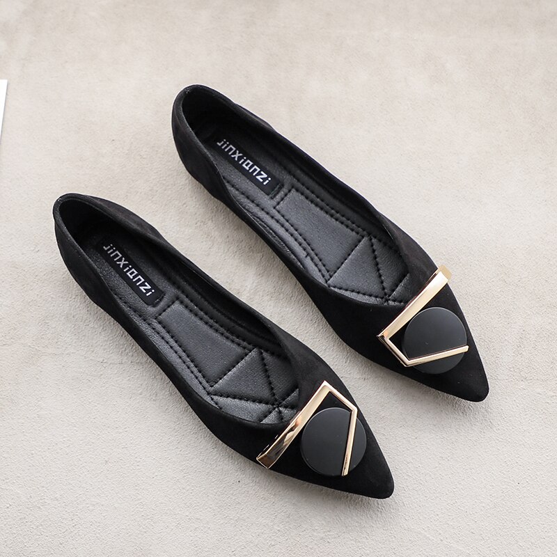 Black Flats for Women Dressy Comfort Women Flats Metal Decoration Daily and Working Pointed Toe Flat Heel Shoes Zapatos Planos