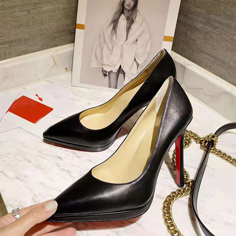 Black Leather High Heels Women's Professional Formal Wear Stiletto Pointed Shallow Mouth Handmade Women's Shoes Size 35-42