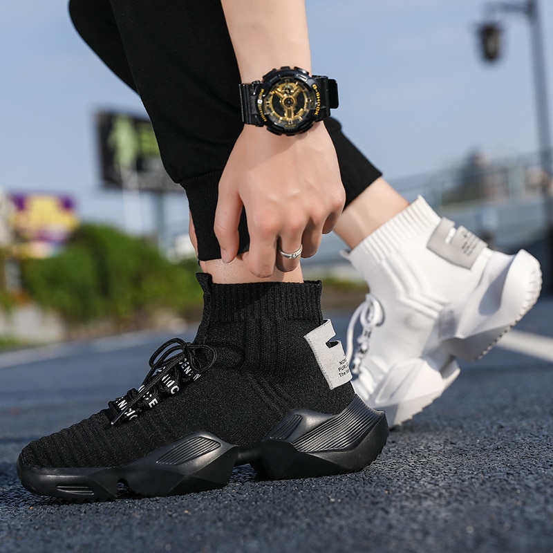 Black Lightweight Shoes Men Platform Sneakers Breathable Mens High Tops Sock Shoes Leisure White Chunky Sneakers Socks Footwear