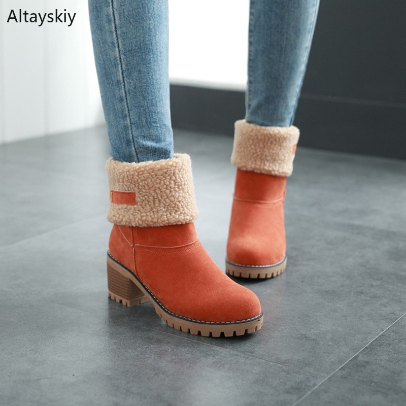 Boots Women Winter Flock Thicker Warm High Quality Ankle Shoe Womens Plus Size Trendy Fur Square Heels Snow Boot Ladies Leisure