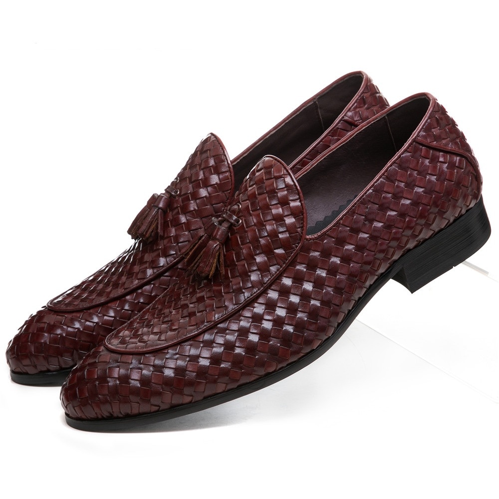 Breathable Brown Tan / Black Woven Design Loafers Summer Mens Wedding Groom Shoes Genuine Leather Male Dress Shoes With Tassel