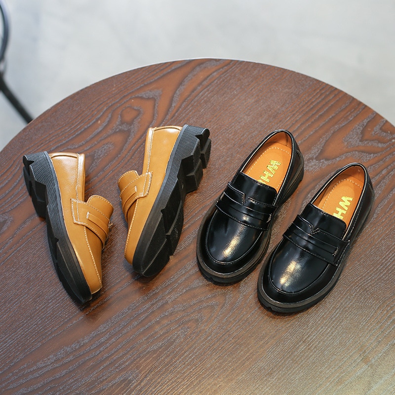 British Wind Spring Children Loafers Kids Fashion Leather Shoes Round-toe Toddler Boy Shoes Black Thick Bottom Kids Dress Shoes