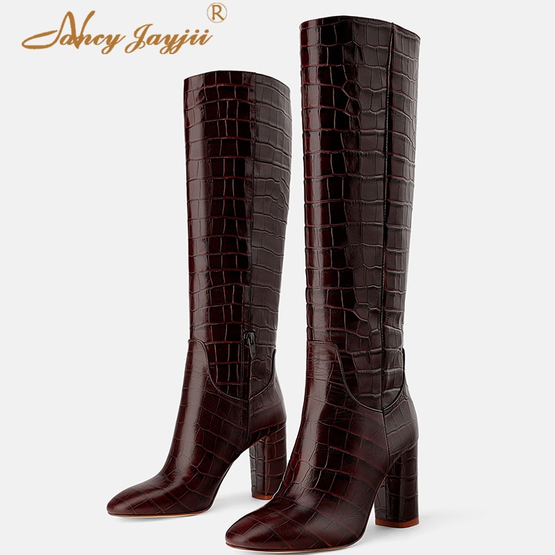 Burgundy Brown Animal Prints Boots High Block Heel Ladies Vegan Shoes For Women Spring Luxury Dress Party Zip Winter Plus Size