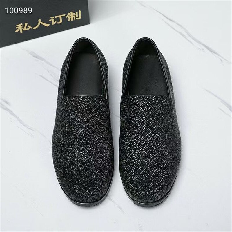Business Casual Style Authentic Real True Stingray Skin Men's Round Toe Dress Shoes Genuine Exotic Leather Male Slip-on Loafers