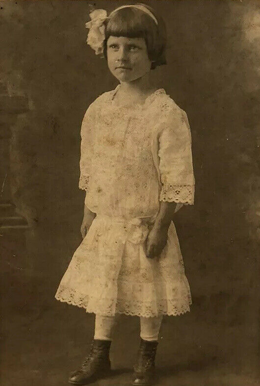 c1920 Cabinet Photo of Young Girl in White Lace Dress, Button Shoes, Chester PA