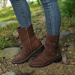 Casual Round-Headed Belt Buckle Boots For Women