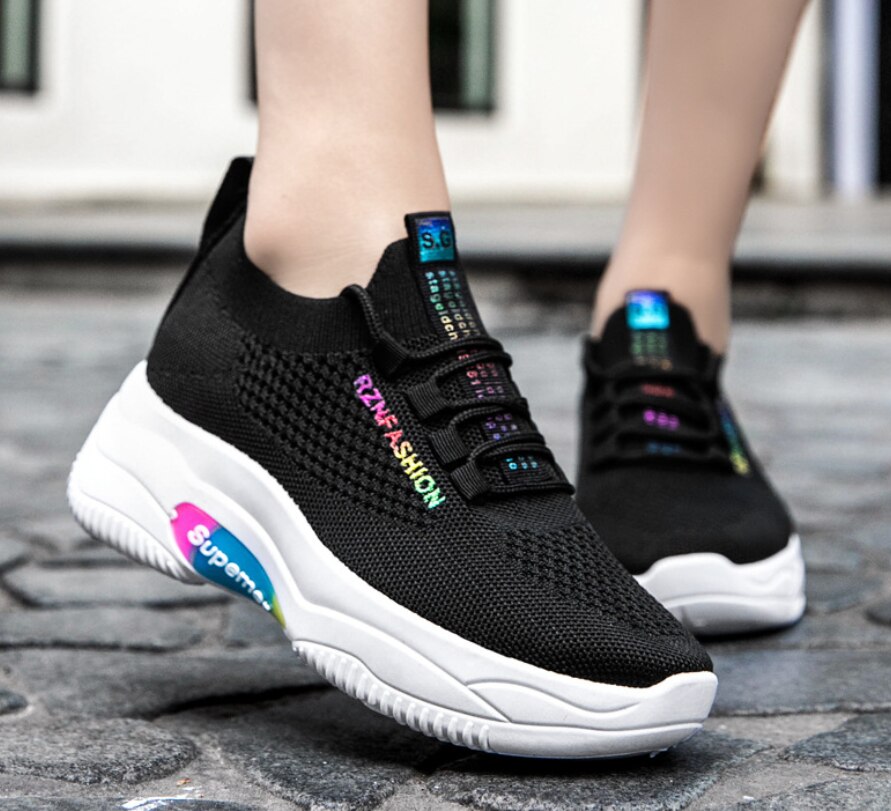 Casual Women Sneakers Air Cushion Platform Flat Shoes Basket Femme Trainers Breathable Fly Solid Color Comfort Zapatos Mujer