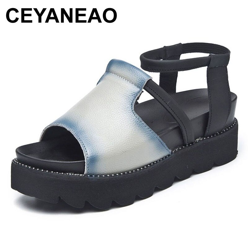 CEYANEAO2020new summer fashion genuine leather platform sandals increase women casual sandals comfort women shoes sandals yellow