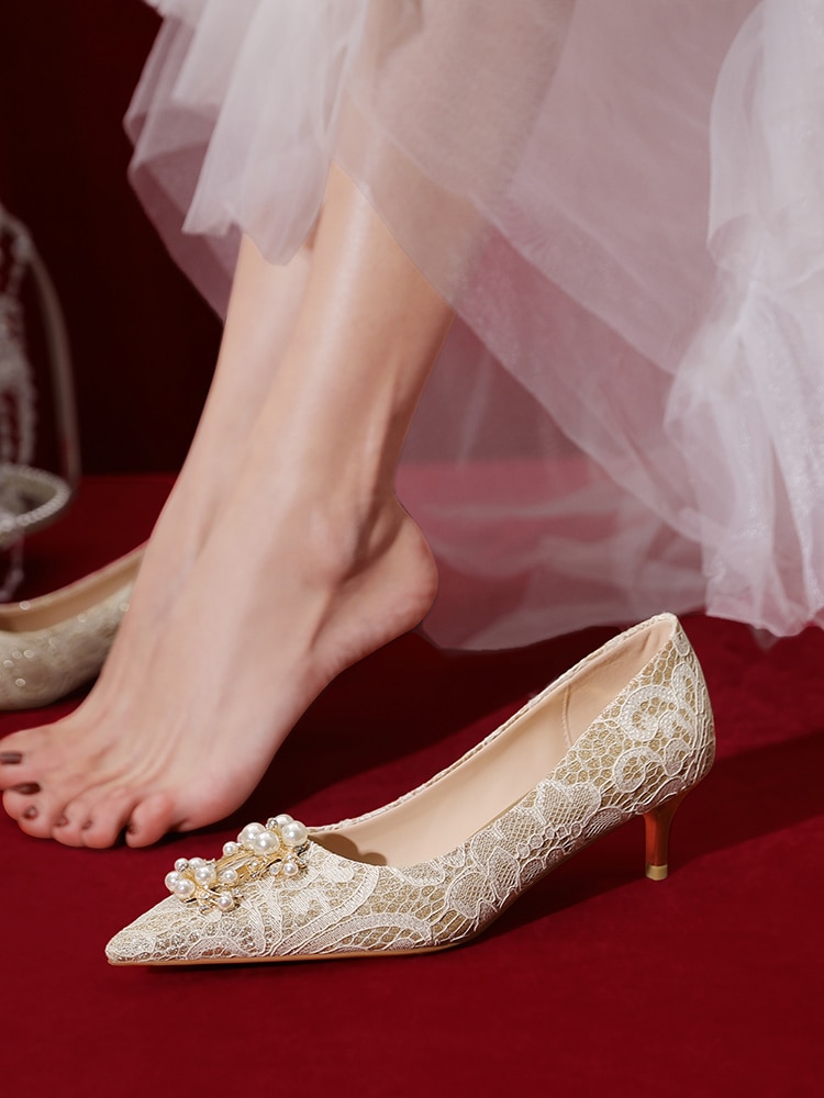 Champagne Wedding Shoes Wedding Dress Wear Low-heeled Wedding Bride Shoes 2021 New High-heeled Shoes Women's Summer Heels