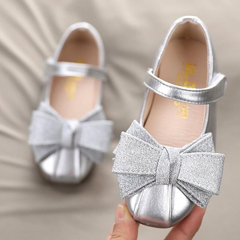 Children Girls Princess Leather Shoes Toddler Baby Korean Bowknot Little Girls Silver Black Dance Dress Shoes New 2022 5T to 12T