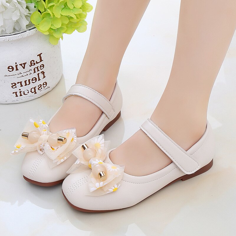 Children Leather Shoes Kids Beading Soft-soled Shoes Little Girls Princess Dress Single Shoes Beige Pink Flats 5T-12T New 2022