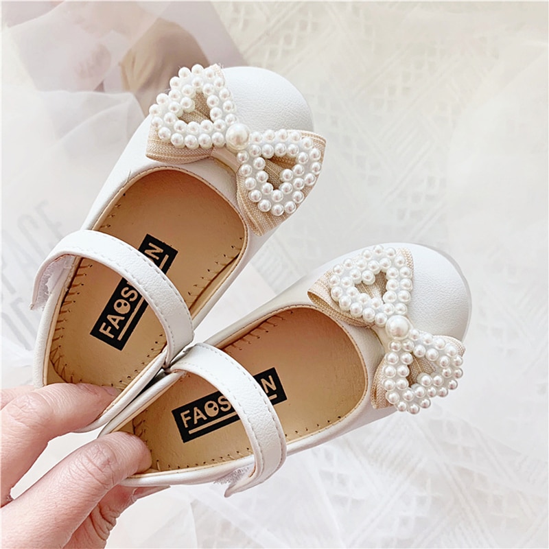 Children White Pearls Crystal Leather Shoes Toddler Girls Kids Baby Bowknot Mary Janes Princess Wedding Party Dress Shoes Shoe