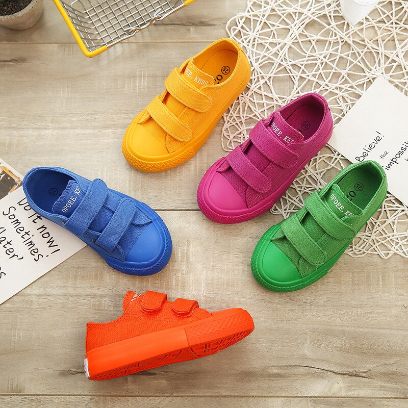 Childrens Canvas Shoes 2021 Spring and Autumn Korean Style Low-top Candy Color Velcro Casual Fashion Trendy Boys and Girls Shoes