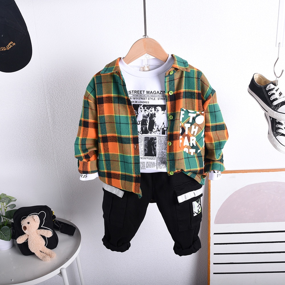 Childrens Clothing Tracksuits Toddler Boy Clothes Set New Spring And Autumn Plaid Shirt +T-Shirts + Pants 3pcs Kids Sports Suits