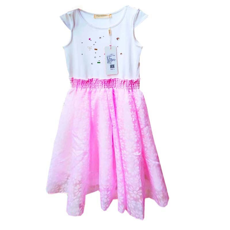 Childrens Girls Dress Summer Lace Diamond Mesh Sleeveless Sweet Princess Dress Kids Girl Clothings Pink White Size 110-Size 150