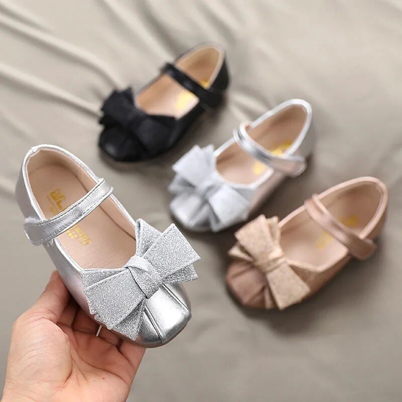 Children's Princess Dress Shoes Toddler Baby Girls Gold Sliver Single Shoes Kids Bowknot Dance Leather Shoes chaussure fille New