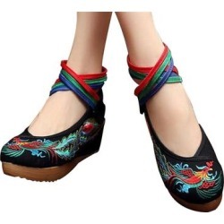 Chinese Embroidered Cotton Black Elevator Shoes For Women In Colorful Ankle Straps & Bird Design