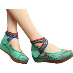 Chinese Embroidered Green Cotton Cheap Elevator Shoes For Women In Colorful Ankle Straps & Bird Design
