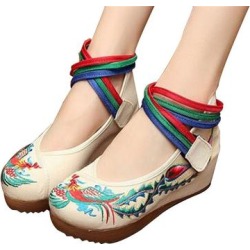 Chinese Embroidered White Cotton Elevator Shoes For Women In Colorful Ankle Straps & Bird Design