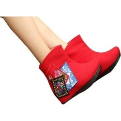 Chinese Velvet Red Elevator Embroidered Boots For Women In Colorful Geometric Designs