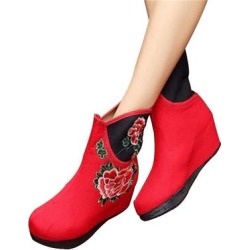 Chinese Velvet Red Elevator Tall Embroidered Boots For Women In Colorful Floral Designs