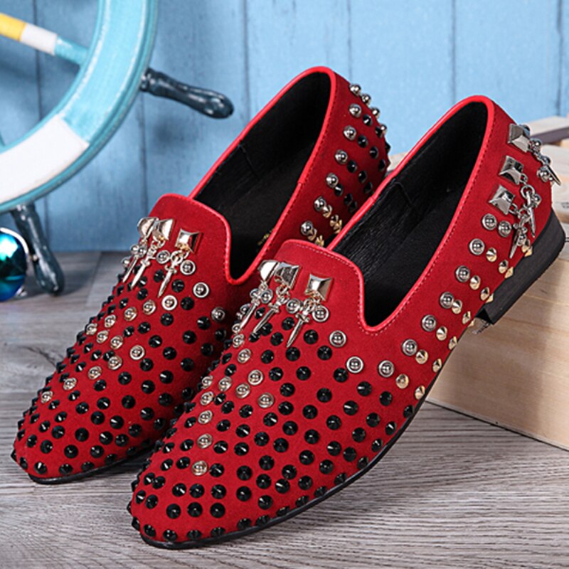 Christia Bella Red Suede Leather Men Loafers Punk Rivets Party Loafers Club Party Dress Shoes Slip on Men Flats Leather Shoes
