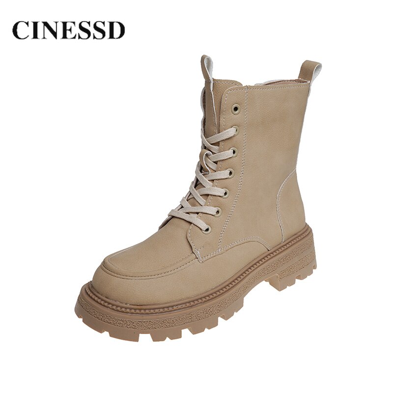 CINESSD British Style Women Boots Chunky Heels Ladies Middle Heels Black Female Lace Up Boot Zipper Square Heel Ankle Shoe